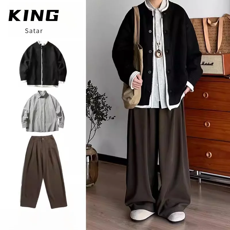 

Вязаный кардиган-обманка с эффектом двухслойности, свободный крой, в стиле колор-блок, японский ретро-стиль, с длинными рукавами