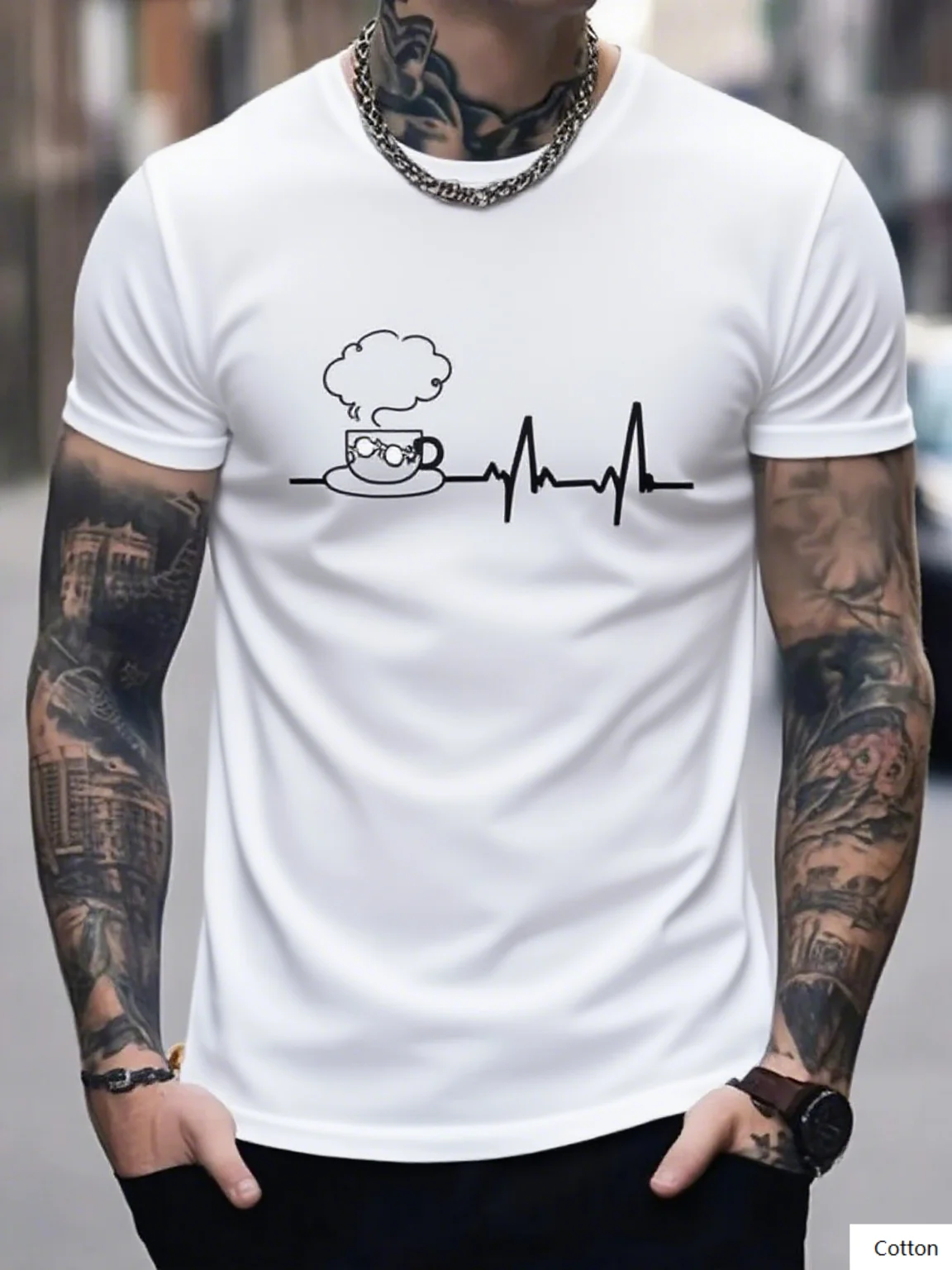 

Coffee - Themed Heartbeat Line Graphic Cotton T Shirt Cool Top for Those Who Love Coffee and Stylish Casual Fashion Tee S-4XL
