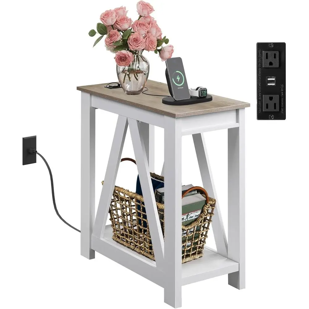 

armhouse End Table, Narrow Side Table with Charging Station, Slim End Table, Side Table or Bedroom, Living Room, Small Spaces, 2