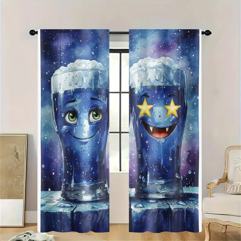 Cute Cartoon Water Blob Characters Window Curtain Panel Aqua Blue Ocean Theme Decorative Privacy Curtains Semi-Translucent Bathr