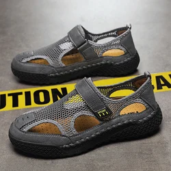 Hand-sewn men's sandals comfortable soft men's summer shoes outdoor casual beach shoes wading sports shoes hollow mesh flat shoe