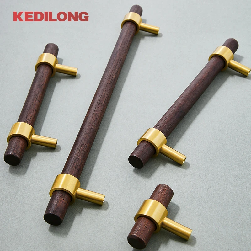 KEDLO European Simple Walnut Wood Handle Light Luxury Brass Knob Cabinet Drawer Wine Cabinet Door Pul T-Handle