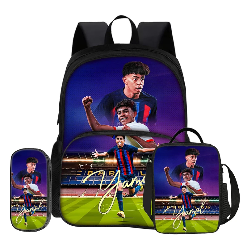 3-delige set met voorvak rugzak voetbalster met thermisch geïsoleerde lunchtas portemonnee etui L-Lamin Yamal rugzak