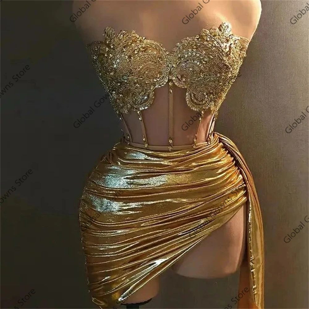 Gold Two Pieces Sweetheart Short Prom Dress For Black Girl Birthday Party Gown Rhinestone Beaded Appliques Cocktail Customized