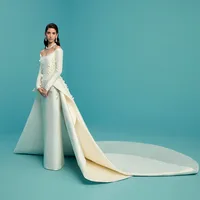 Vestido de novia de lujo con hombros descubiertos, vestido de novia de columna de manga larga con tren desmontable, vestidos de novia con cuentas de flores de satén