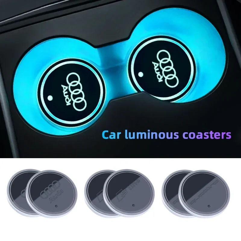 2pcs Audi LED Coasters 7 Color Luminous Cup Mat Ambience Light For A6 C4 C5 C7 C8 Allroad Avant Car Styling Decorative Lamp