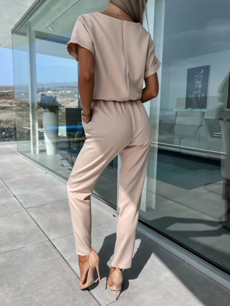 Jumpsuit Women 2023 Solid Color Short Sleeve V-neck Pocket Lace-up Pencil Long Pants Jumpsuits Summer Outfits Bodysuits