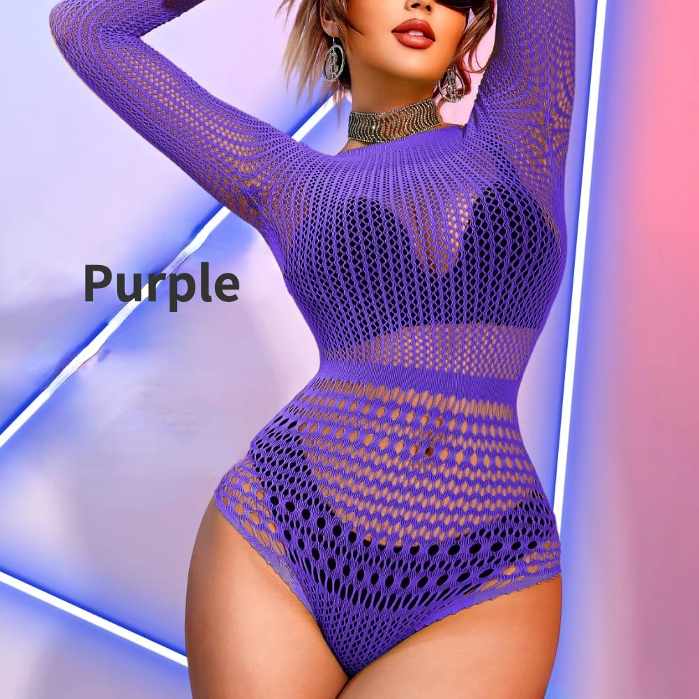 

Long Sleeve Fishnet Lingerie for Women Music Festival Costumes Sexy Bodysuits Back Hollow Out Nightgown Hot girl Party Club wear