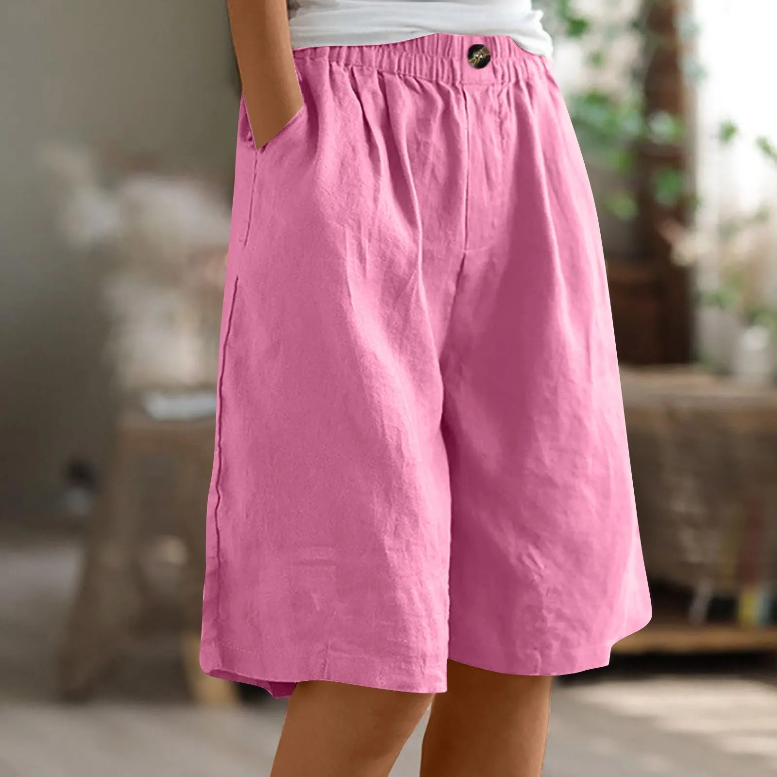 Women\'s Fashion Solid Color Pants Pocket Button Up Capris Loose Elastic Waist Cotton Linen Shorts