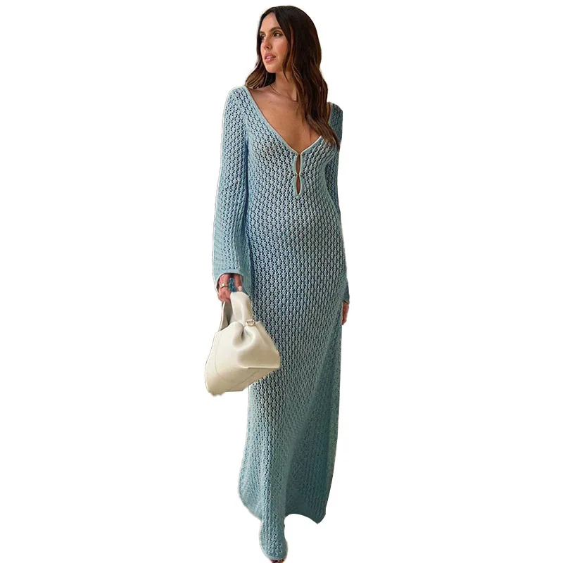 Sexy Women Long Knit Beach Dress Hollow-Out Deep V-Neck Long Sleeve Bikini Cover-Ups Dress Fall Backless Holiday Dress