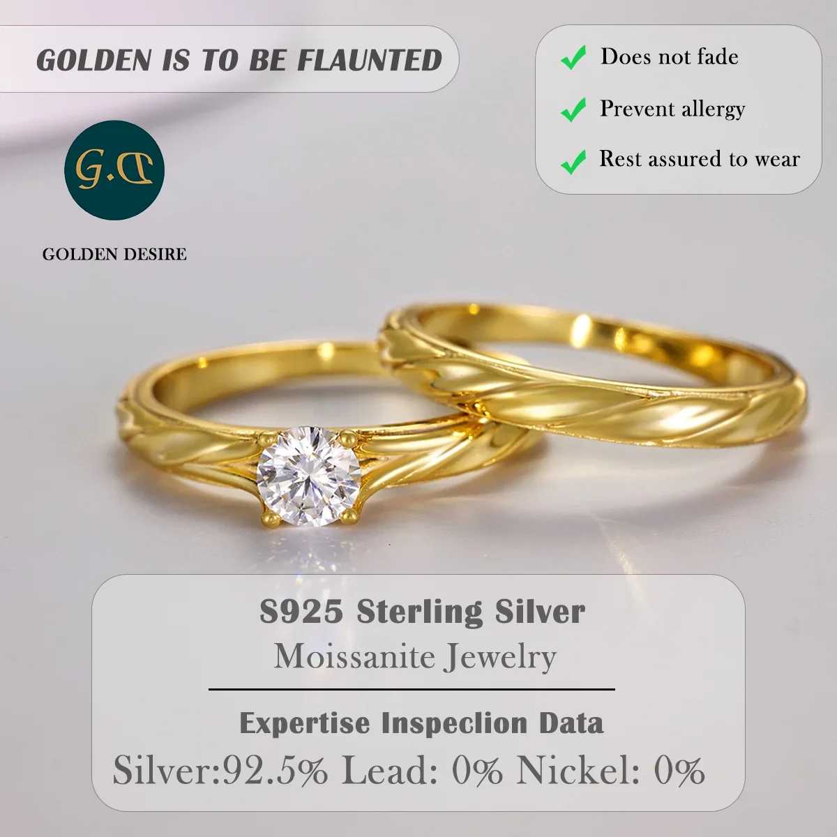 0.5 ct Twisted Gold-Plated Moissanite Ring Set with Golden Vine Detail – Timeless Bridal Set for Engagement or Anniversary
