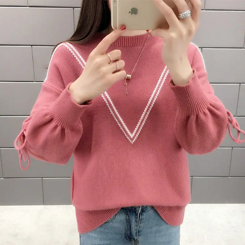 เสื้อกันหนาวไหมพรมหนาสำหรับผู้หญิง สไตล์ลำลอง แขนยาว แฟชั่นเกาหลี Y2k เสื้อหลวมๆ สตรีทแวร์ เสื้อถัก สีแดง