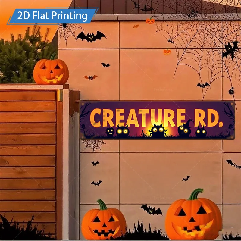 1 قطعة لافتة معدنية، مقاس 4 × 16 بوصة للهالوين "Creature Rd." لافتة مع أضواء اليقطين والخفافيش للديكور الاحتفالي #4
