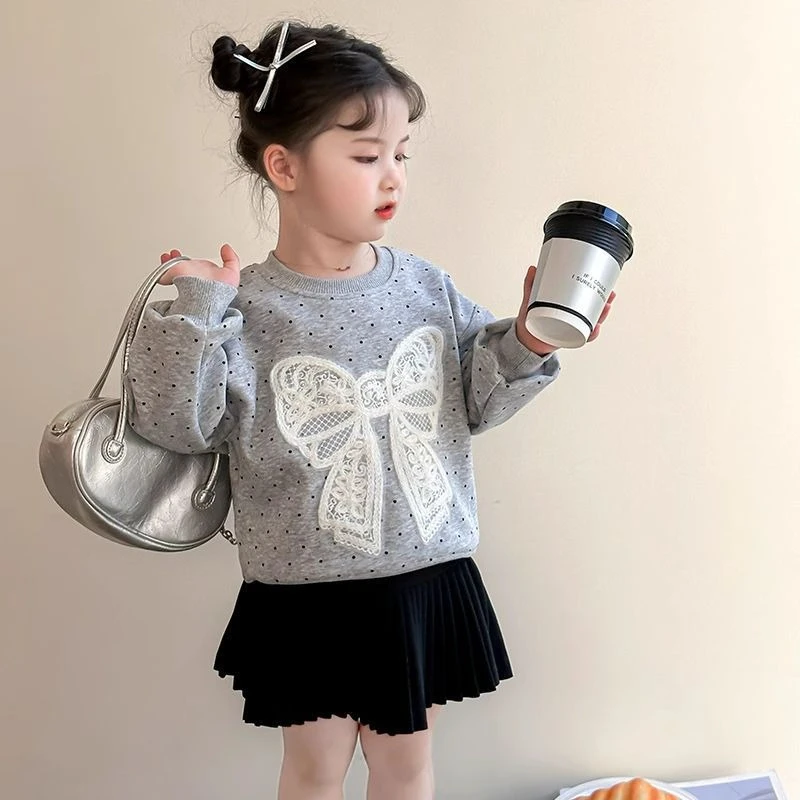 2026 Early Autumn Girls Sweatshirt Bow Long Sleeve Top Trendy Versatile Round Neck Kids Clothing Baby Girls Pullover