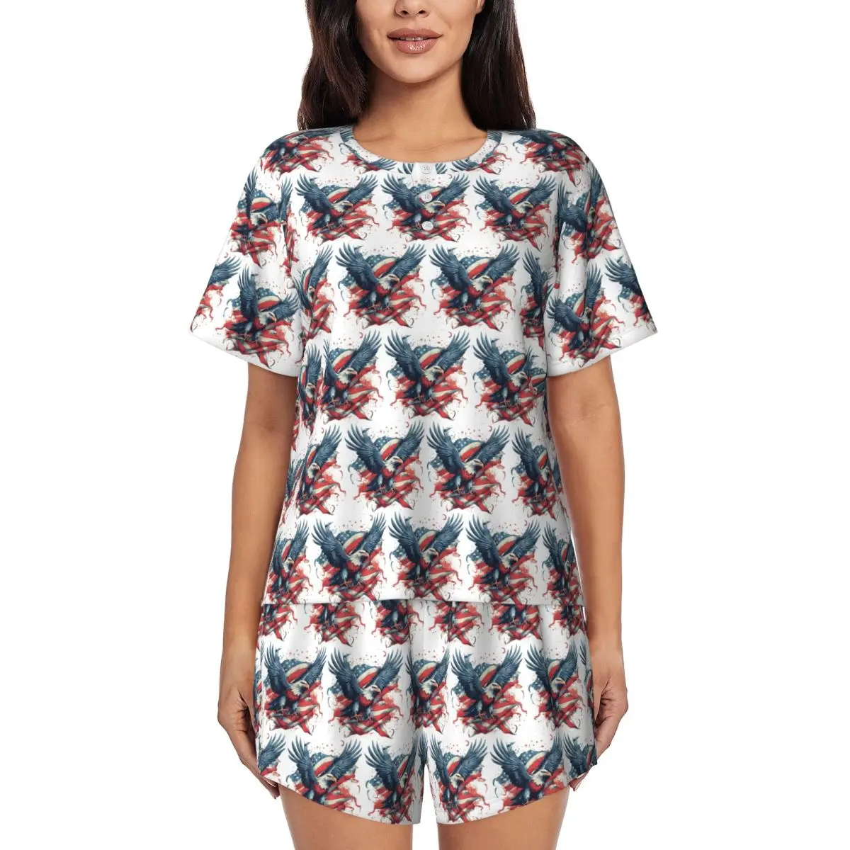 

Ночные рубашки с круглым вырезом и короткими рукавами American Heritage Eagle с изображением крыльев флага США, женские мягкие пижамные комплекты с короткими штанами