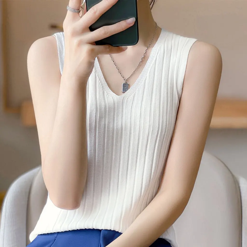 

Новая корейская женская пряжа с v-образным вырезом, верхняя одежда с короткими рукавами и шнурком, топ на осень/зиму, доступный вариант без рукавов