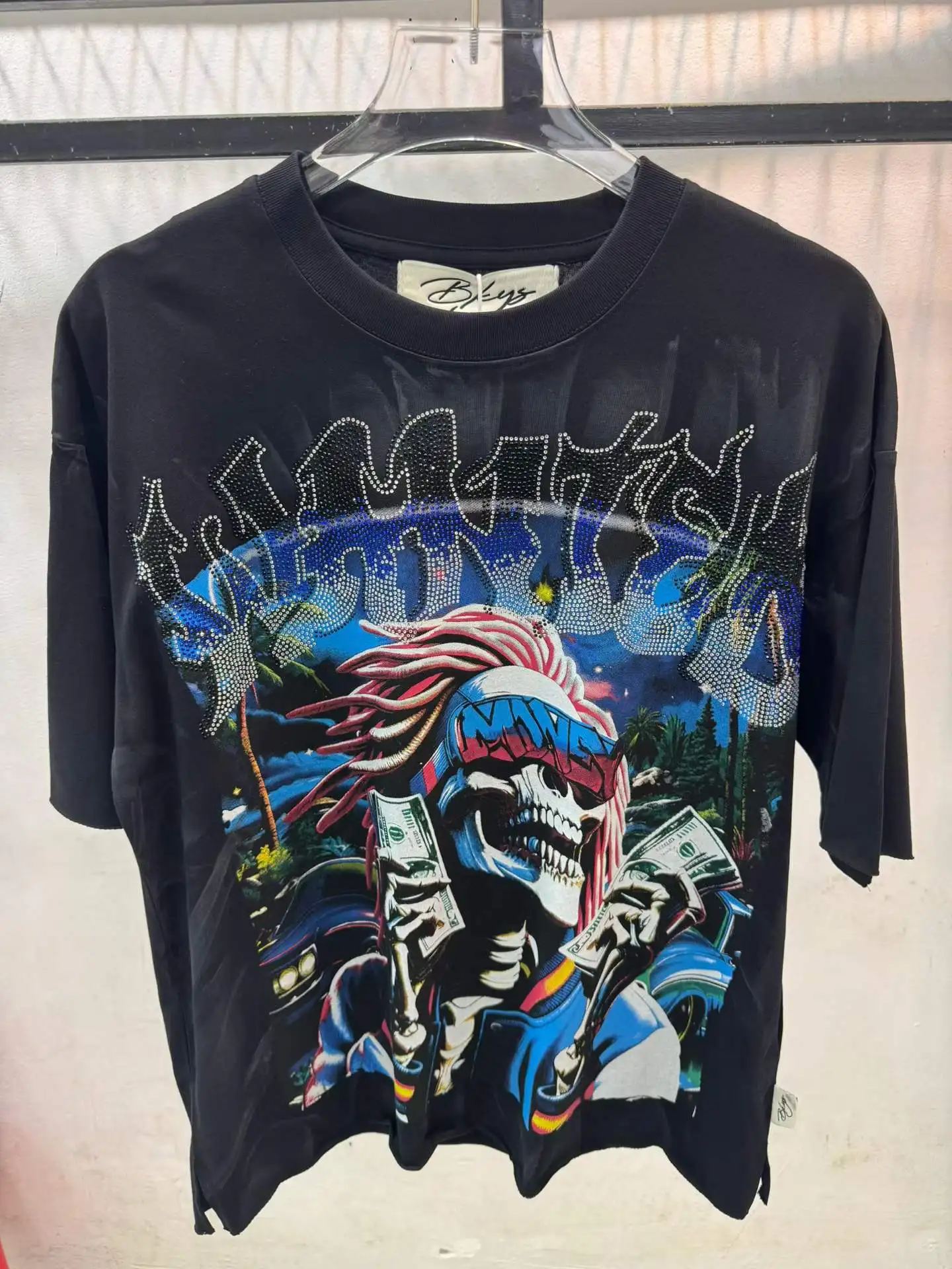 2026 BKYS Top Version Washed Rich Skeleton Printed Diamond Patched Women Men Oversized T shirts tees Heavy Cotton Men T shirt