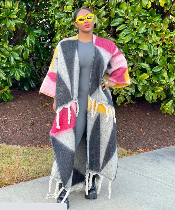 Africano popolare Plus Size Casual stampa frangia cardigan alla caviglia capispalla moda invernale Fuzzy lungo spolverino per signora