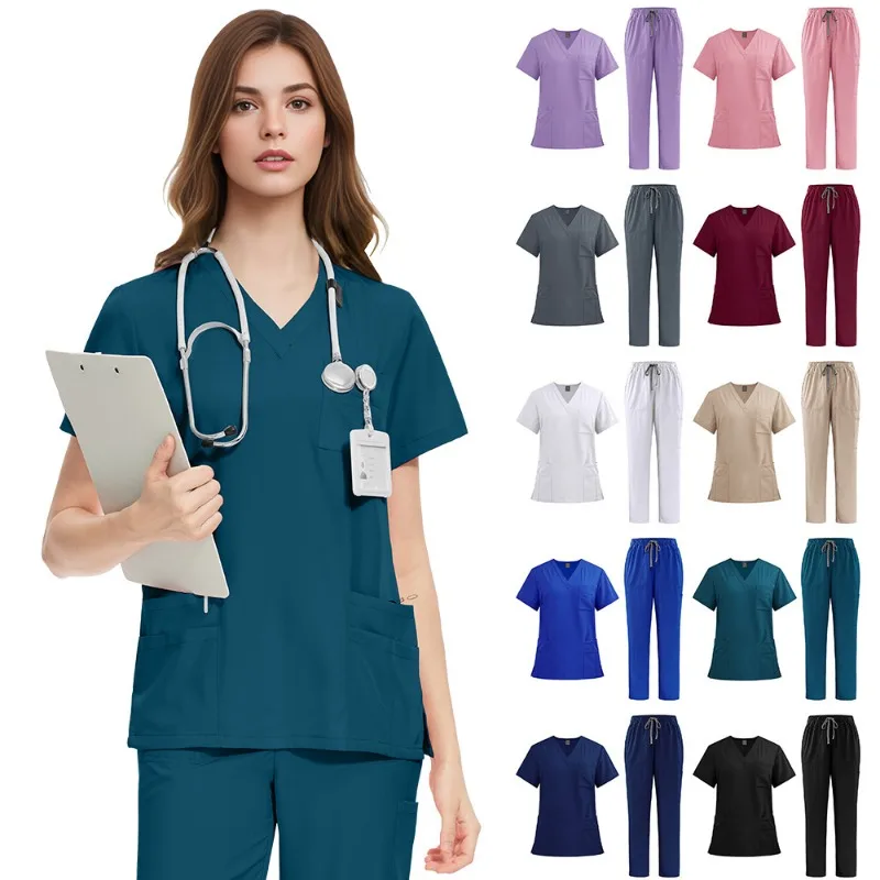 V-Neck Short Sleeve Nurse Scrub Set Medical Uniforms Dentist Vet Workwear Women's Skin Management Clothes Soft Comfortable 42168