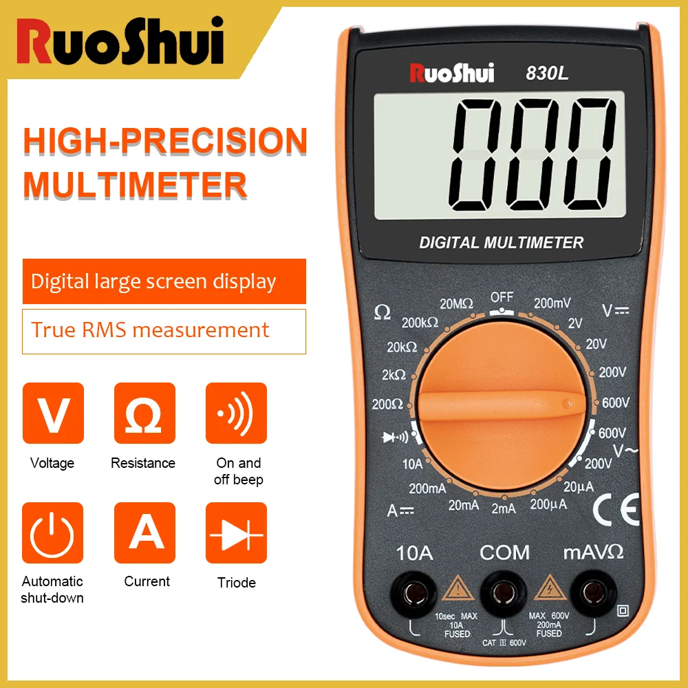 

RuoShui 830L Multi-Function Digital Multimeter 1999 Counts 600V 10A 20M Resistance Handheld Tester High-Precision Anti-Drop