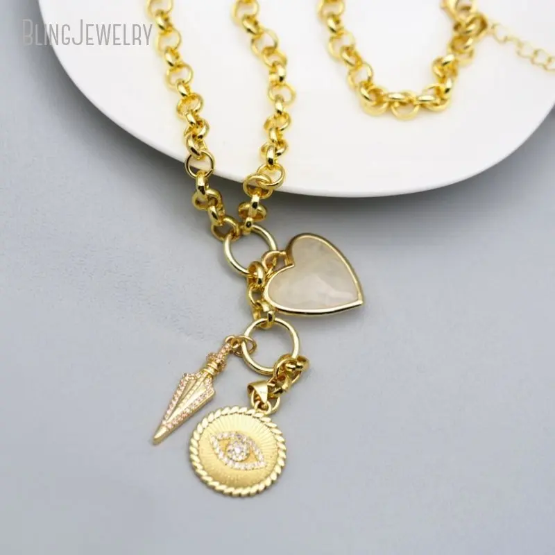 10pcs K Gold Color Stainless Steel Rolo Chain Choker Women Arrowhead Clear Quartz Heart Charm  Evil Eye Necklace Y2k Jewelry