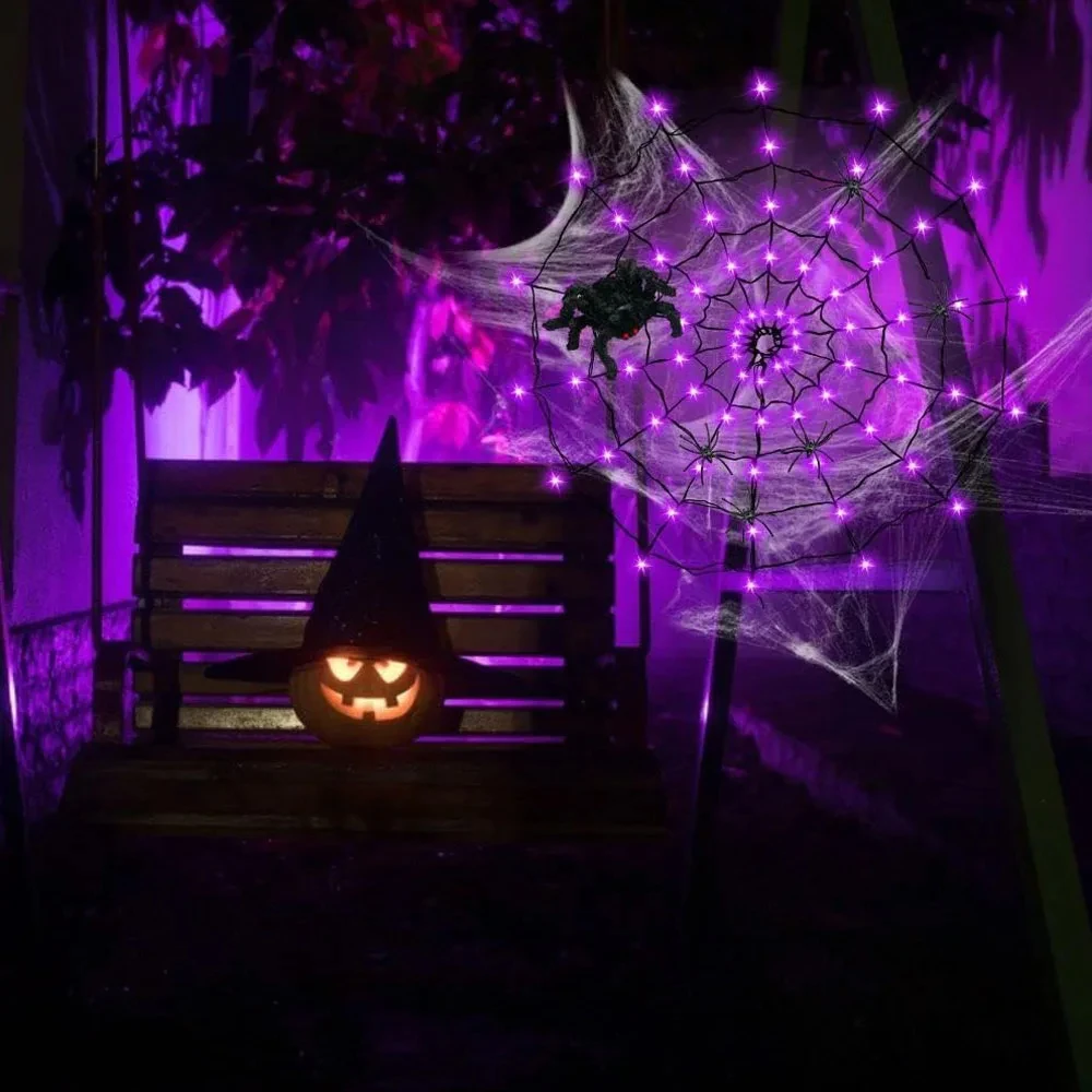 Halloween LED Spider Web Light Purple Orange Decorative String Lamp with 8 Mode Waterproof Indoor Outdoor Atmosphere Party Decor