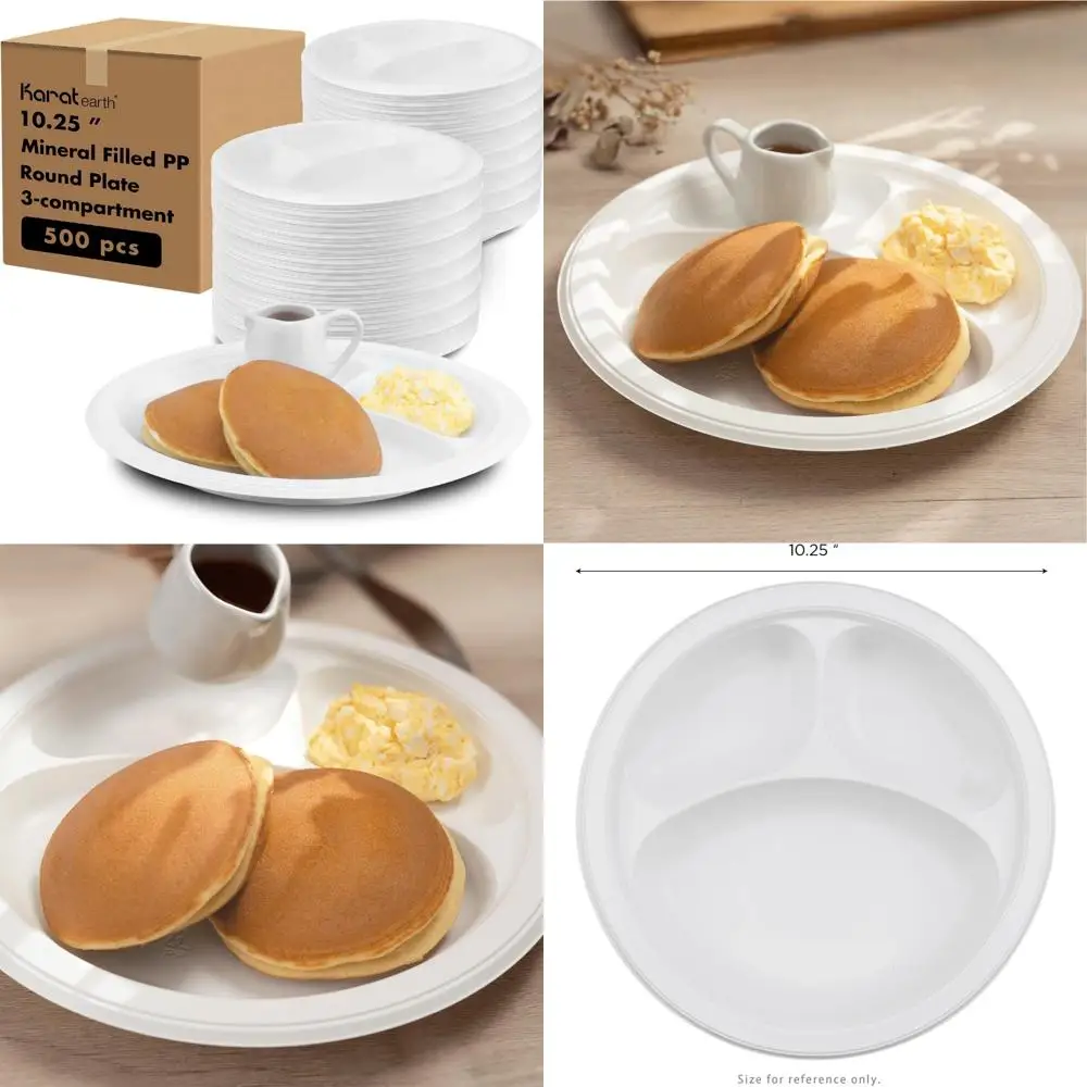 

Eco-Friendly Disposable Plates - 10 to 500 Pieces, White, 3-Compartment, Heavy-Duty, Mineral-Filled PP Plastic, Reusable Option