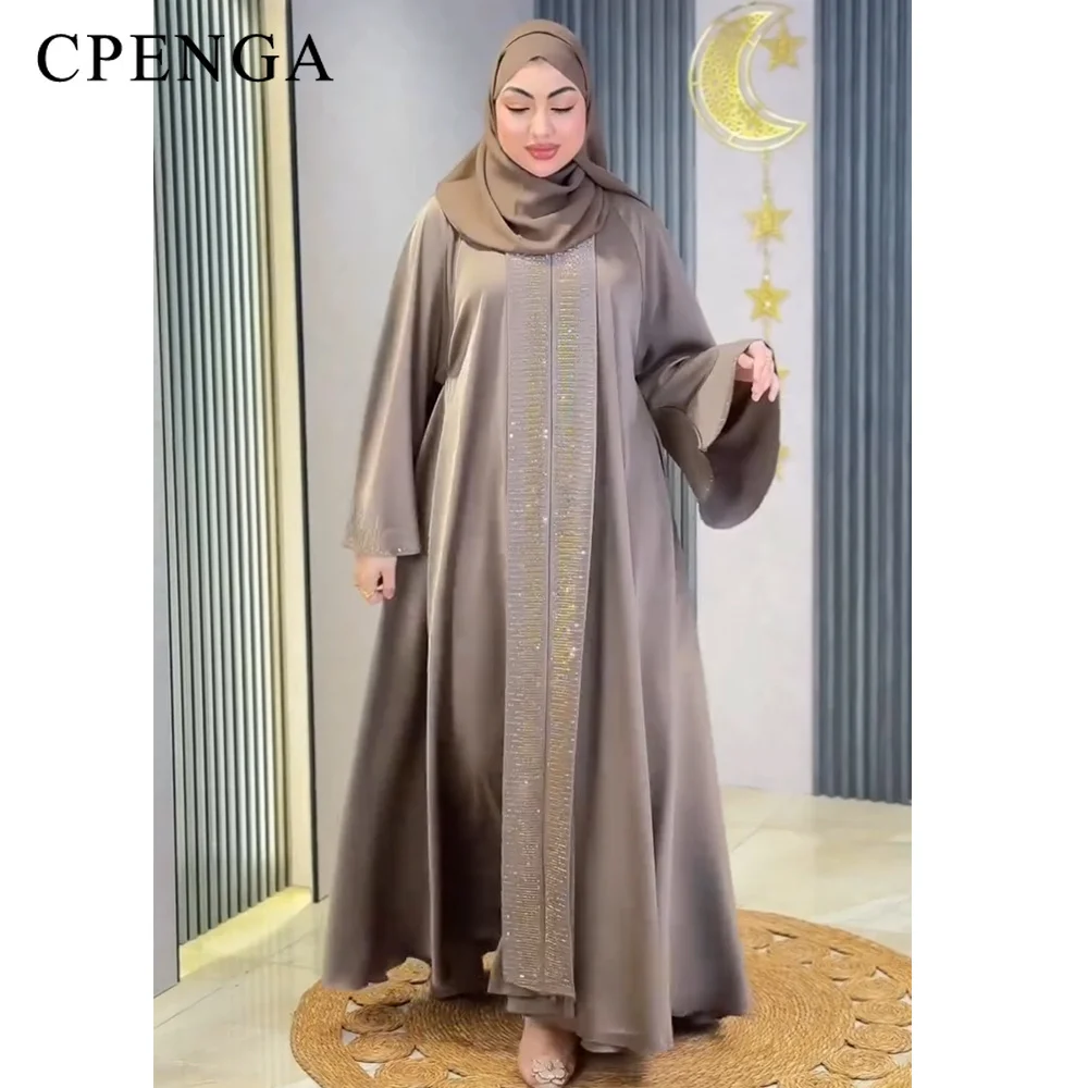 Luxury Dubai Abaya with Hijab for Women Rhinestone Stripes Elegant Satin Modest Kaftan Dress for Muslim Evening Party Gown 2026