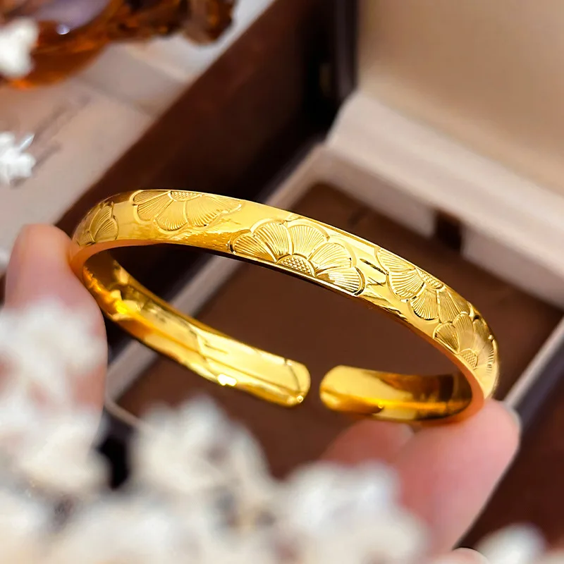 24k 9999 Pure gold French vintage light luxury design glossy daisy open bangle bracelet
