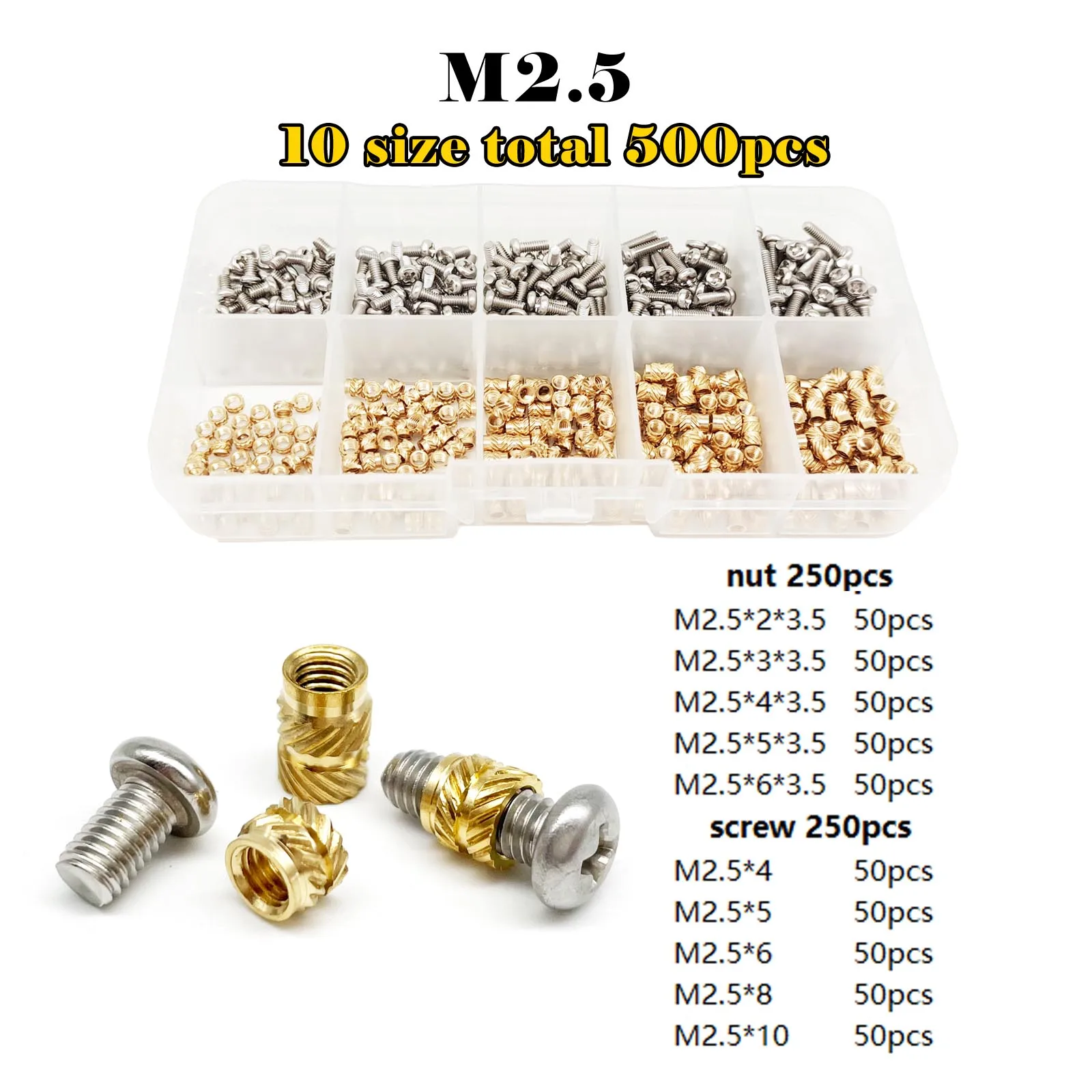 Messing Kupfer eingebettete Einsatzmutter Schraubensatz Set M1.4M1.6 M2 M2.5 M3 M4 M5 M6 für Wärmeleit-Injektion 3D-Druck-Twill-Rändelgewinde – Detail 8