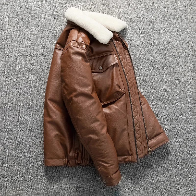 

Light Brown Winter Leather Down Jacket Men Wool Collar Plus Size 5XL Genuine Natural Sheepskin Thick Warm Leather Coat