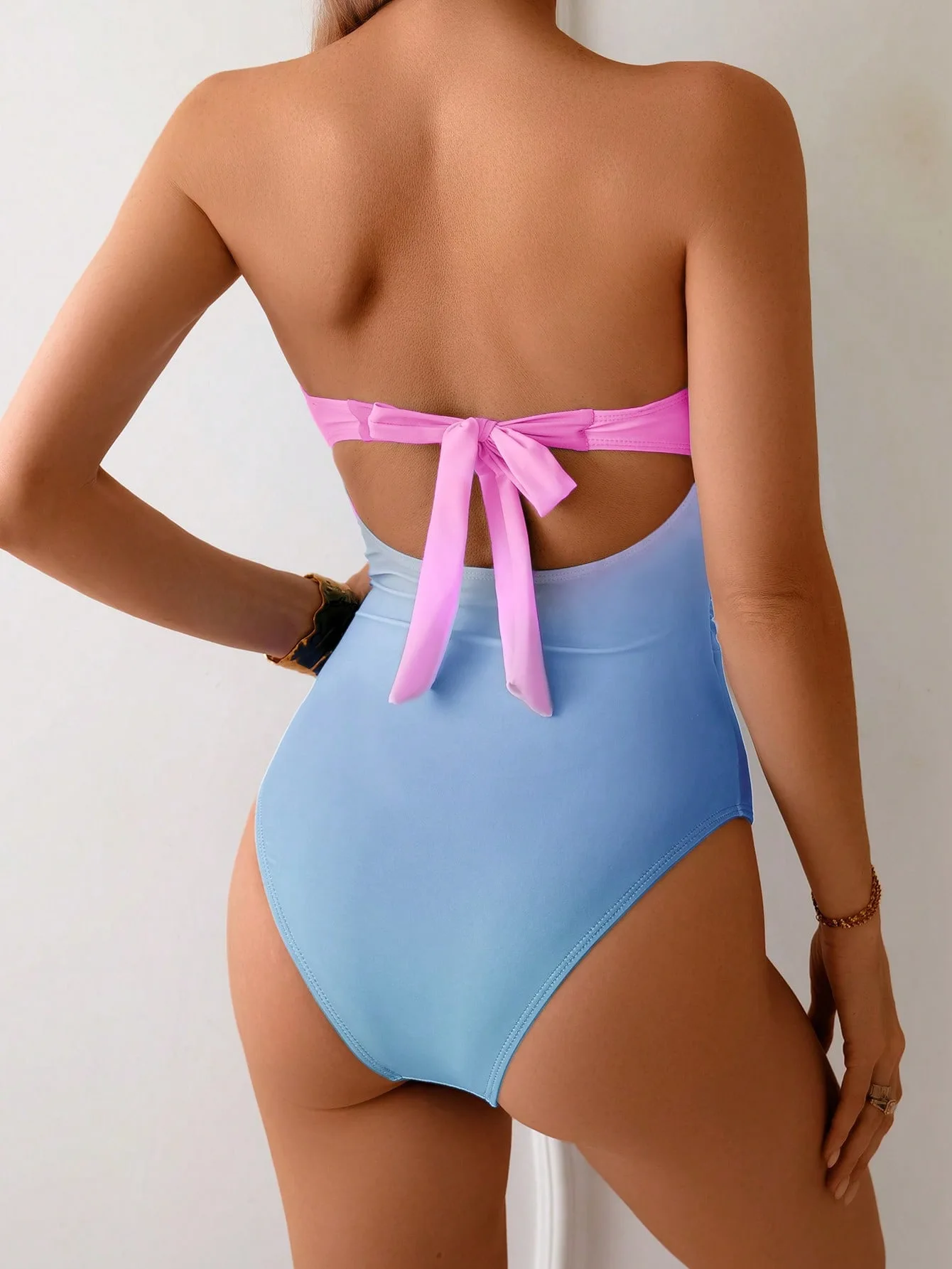 2026 Pink Blue Ombre Bandeau One Piece Swimsuit Women Starfish Buckle Ruched Waist High Cut Push Up Tummy Control Sexy Swimwear