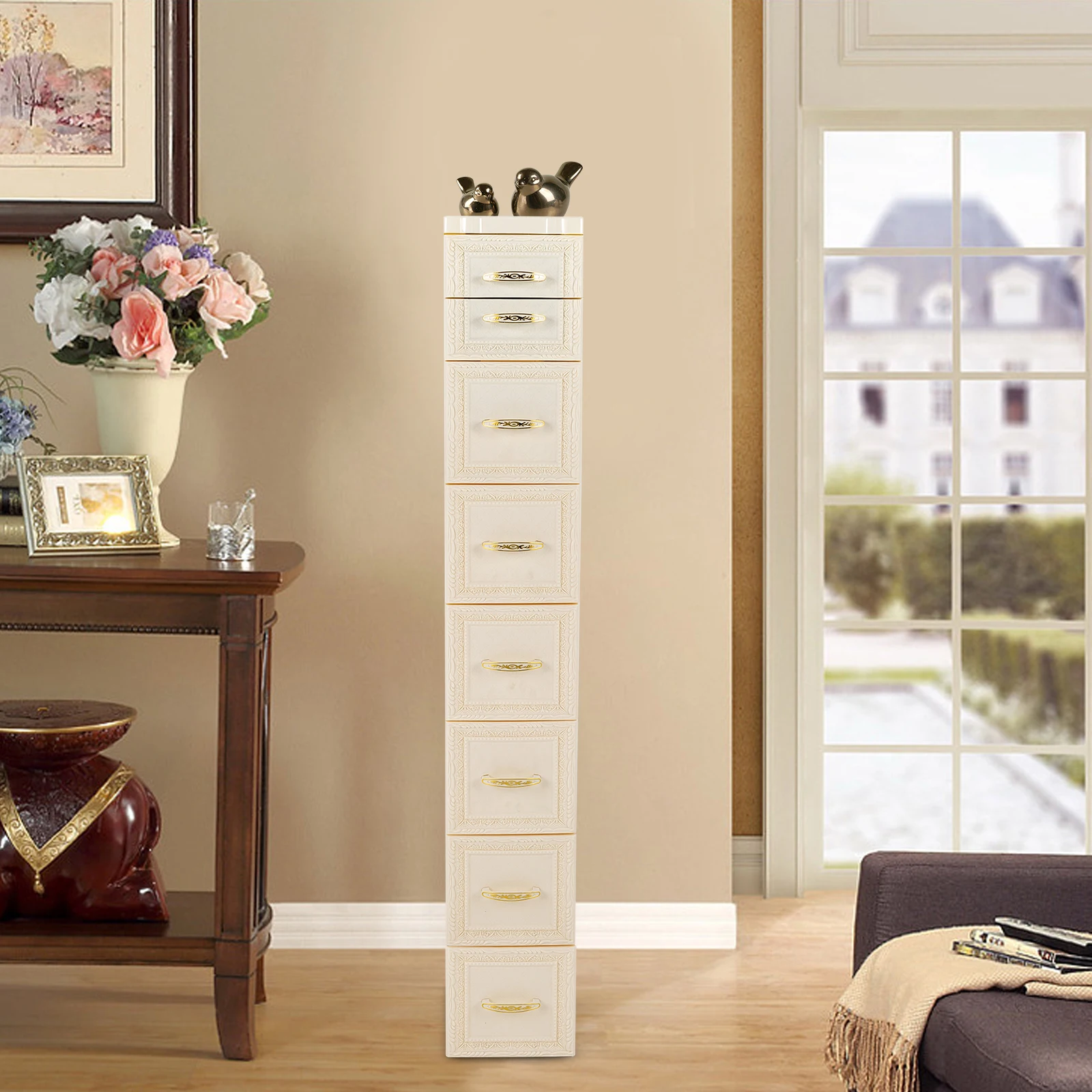 7-Tier Floor Cabinet Milky-white Plastic Storage Cabinet Large Capacity 8 Drawer Cabinet Home Furniture