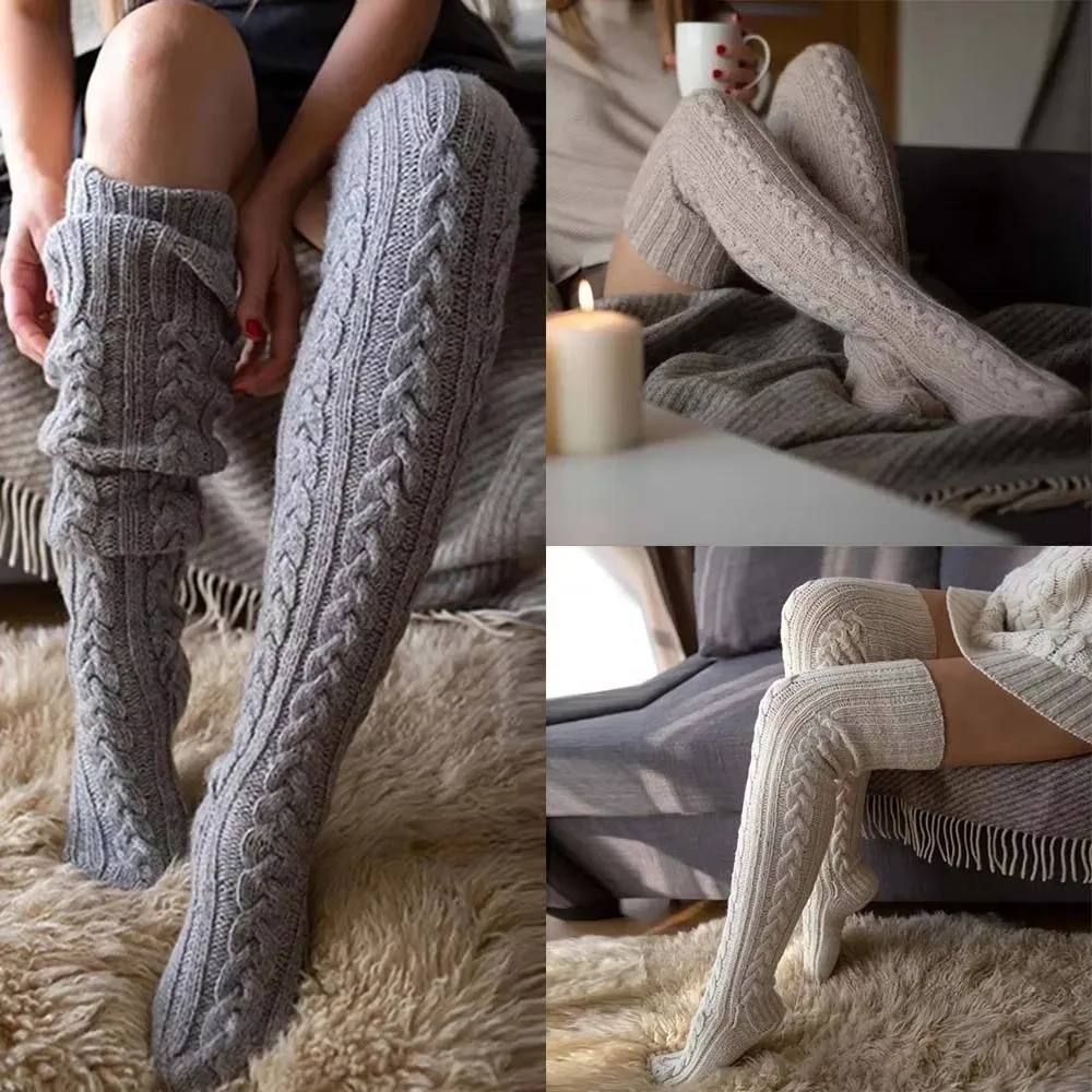Fashion Winter Warm Women's Socks Sexy Casual Thick Knitted Stockings Stripes Stacking Thigh Sock Over Knee Long Socks Gift