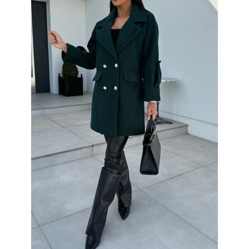 

Women's New Casual H-shaped Suit Collar Double Breasted Long Coat Ladies Fashion Long Sleeve Solid Color Woolen Coat