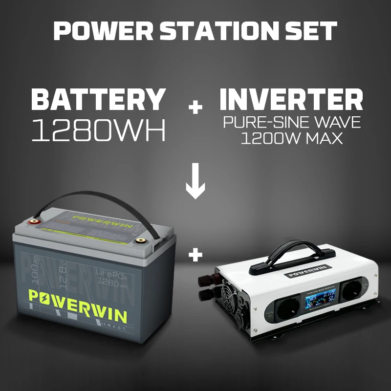 Imagem -02 - Powerwin Bt100 12.8v 100ah 1280wh Embutido Bms Lifepo4 Pi1200 1200w Inversor Portátil de Onda Senoidal Pura 12v Tomada ue 12v Lcd