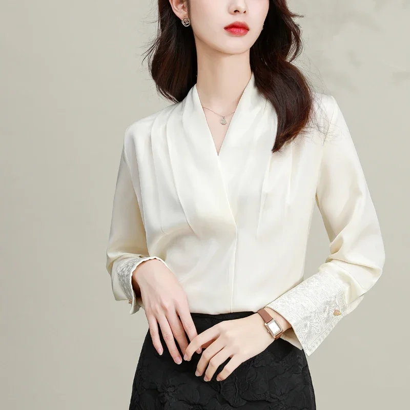 Women's Chinese Style Satin Shirt, Silk Vintage Blouses, Solid Clothing, Loose, Spring, Summer, V-Neck Women Tops