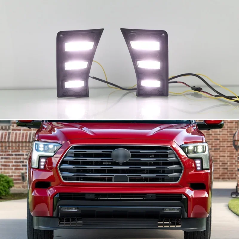 LED DRL Daylights For Toyota Sequoia 2022 2023 Dynamic Yellow Turn Signal Indicators Daytime Running Lamp Front Lights