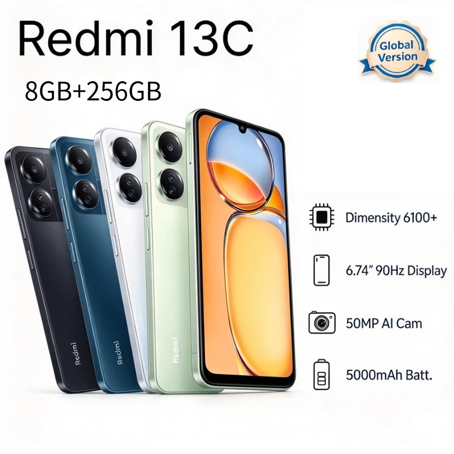 2026 new Redmi 13C Global Unlocked Dual SIM Phone 8GB RAM 256GB 6.74 Inch HD Display Long Lasting Battery Smartphone