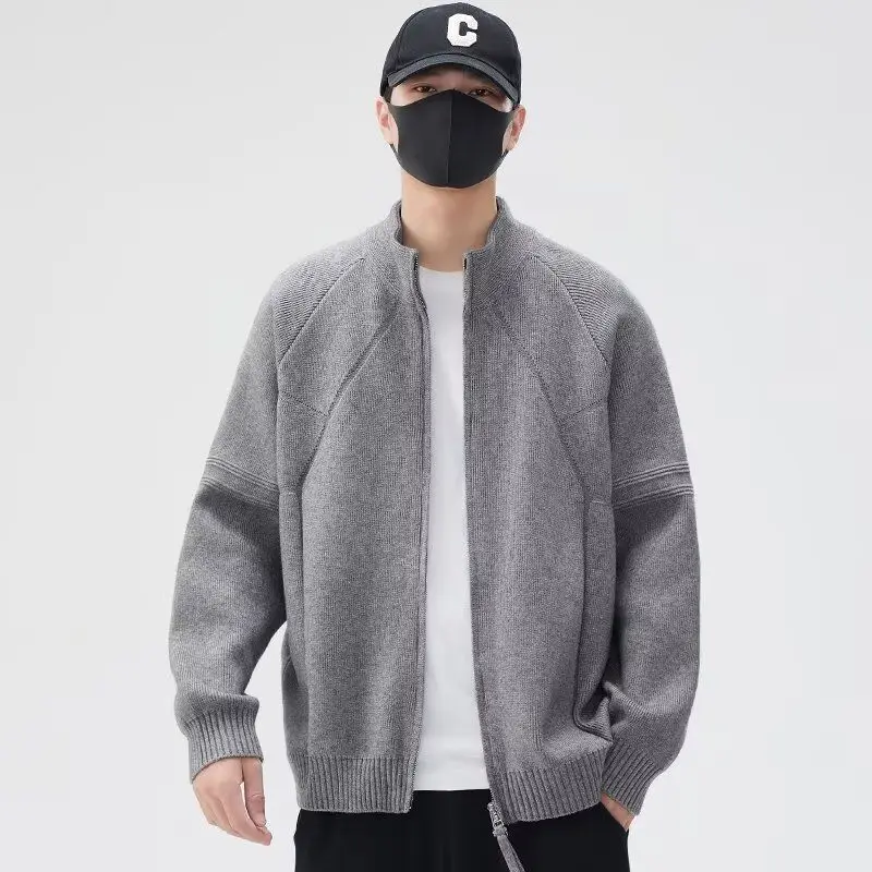 

Простой и универсальный свитер на молнии на осень-зиму, мужской свободный повседневный вязаный кардиган с длинными рукавами и воротником-стойкой для пар