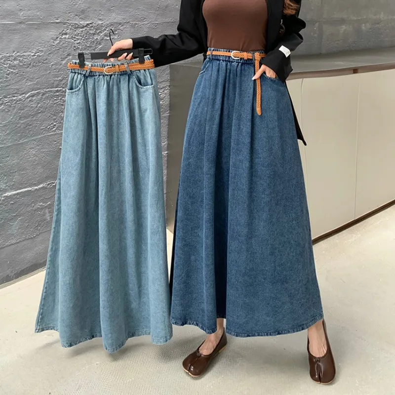 TFETTERS Elegante vrouwen gewassen denim rok 2025, lente herfst, rekbare elastische taille, A-lijn uitlopende maxirok voor dagelijks gebruik