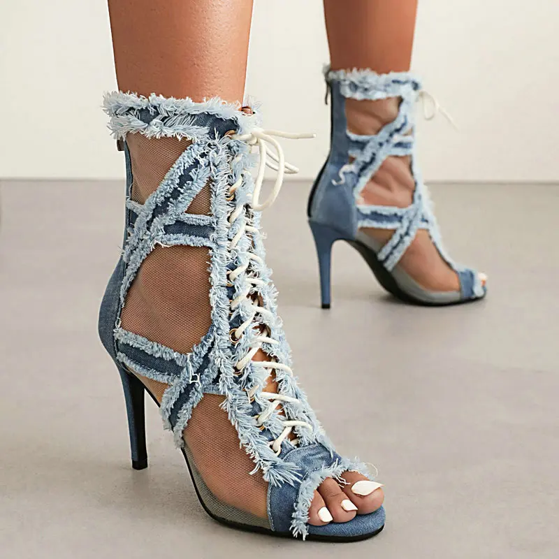 Brushed Denim Jeans Fabric Mesh Net Sexy Punk Lace Up Girls Summer Boots Big Size 46 Peep Toe Stiletto Heels Women Boots Sandals