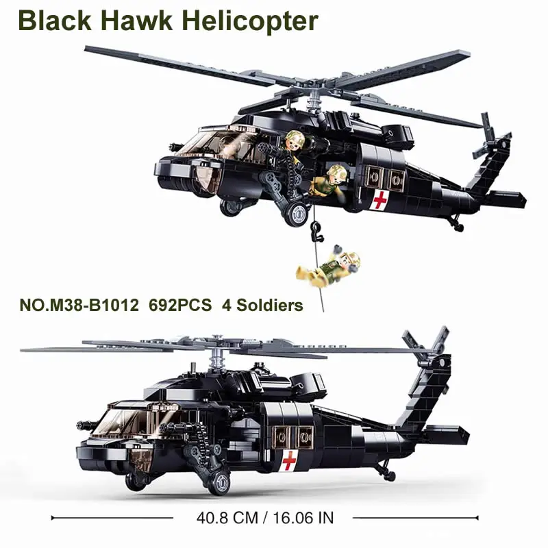 SLUBAN WW2 New Military Army Weapon Black Hawk Helicopter Fighter Building Blocks Plane Soldier Bricks Toys For Kids Boys Gifts