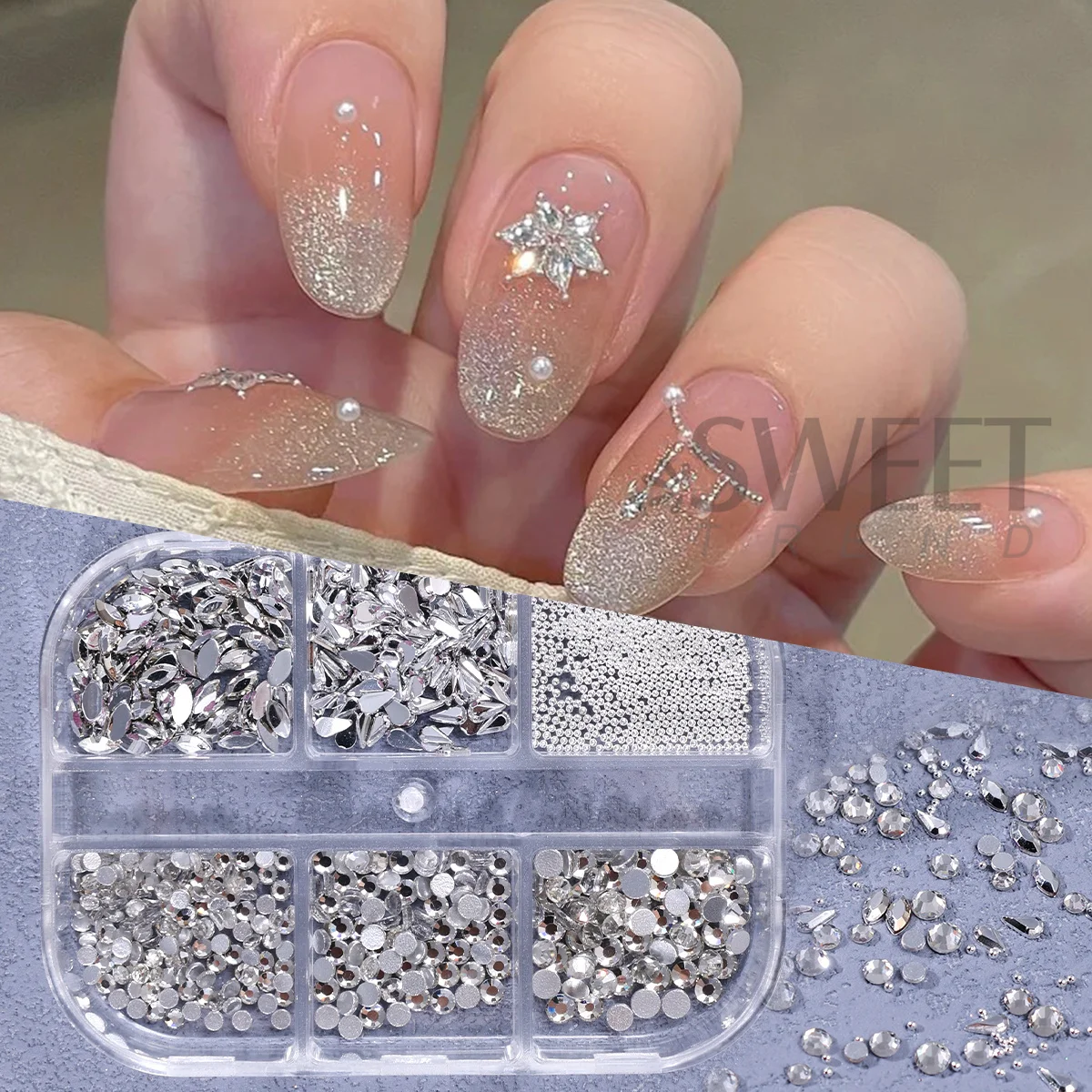 ตกแต่งเล็บลายเกล็ดหิมะเพชร 6 ช่อง ลูกบอลเหล็กคาเวียร์ พลอยติดหลังแบน ดีไซน์เครื่องประดับคริสต์มาส ฤดูหนาว ประดับคริสตัลวิบวับ