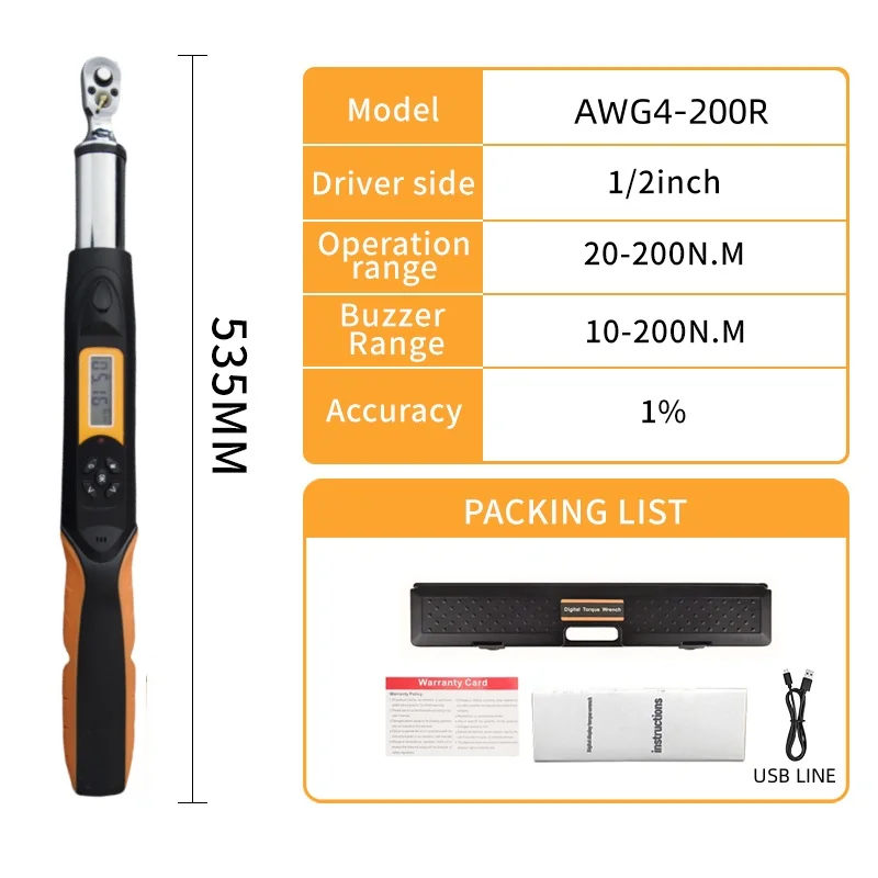 200N.m 1/2inch Digital Torque Wrench AWG4-200R Bidirectional Ratchet Head36 Teeth Connect With Computer  2%  Hand CarRepairTools