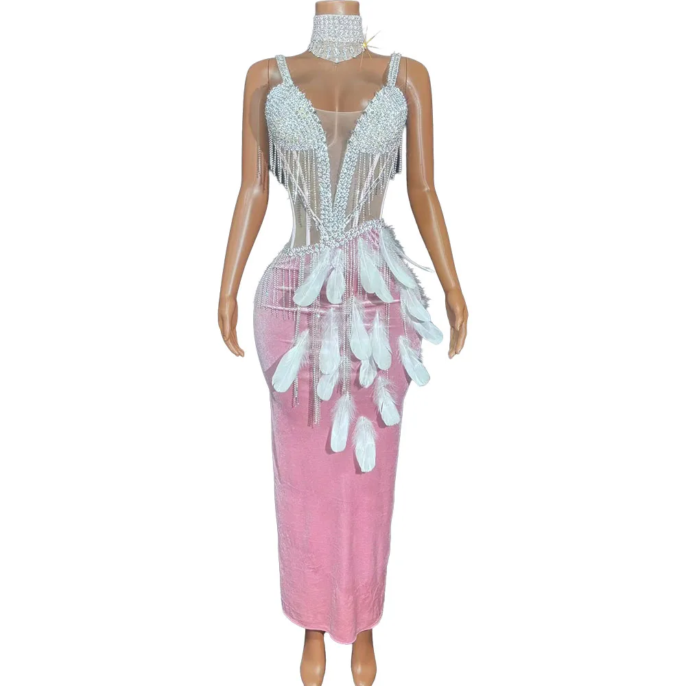 

Женское сексуальное платье с серебряной цепочкой, бахромой и перьями, блестящий наряд для танцовщиц, сценический костюм для вечеринок и клубных выступлений