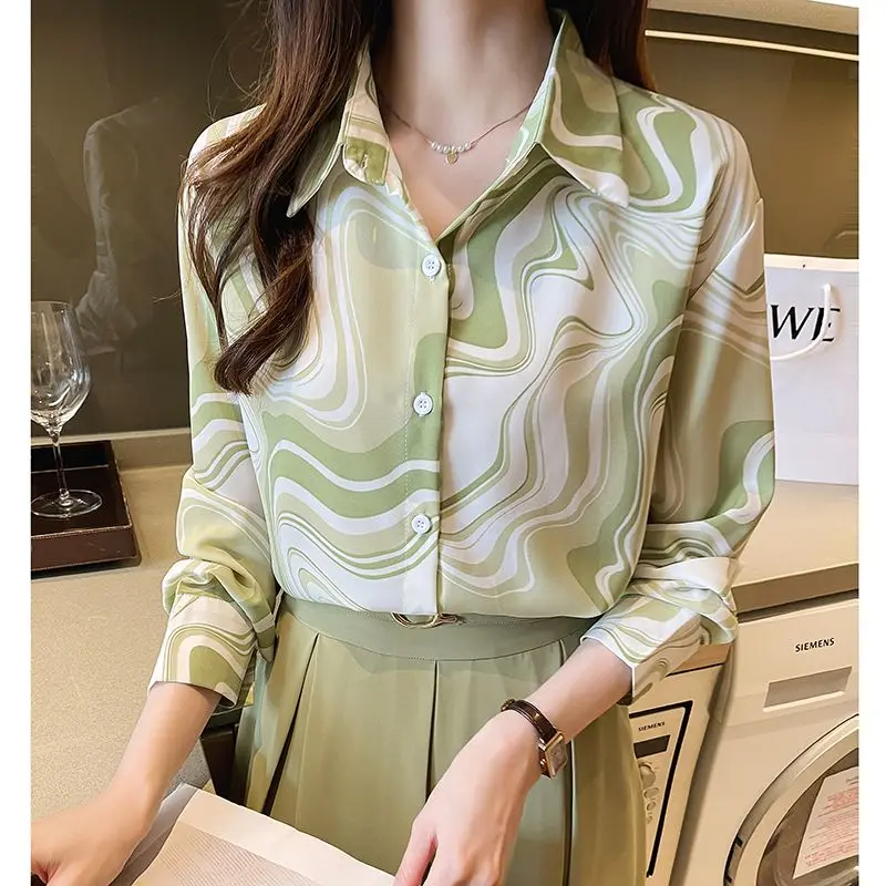 Elegant Print Youth All-match Shirt Tops Long Sleeve Polo Neck Loose Office Blouse Fashion Vintage Women Clothing Spring Autumn