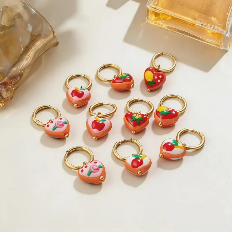 Cute Fruit Series Love Heart Hoop Earrings Colorful Cherry Small Hoops Earrings Sweet Strawberry Love Heart Earrings Wholesale