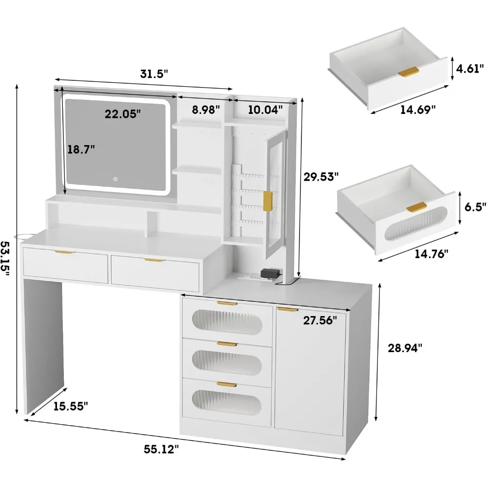 White Vanity Desk with Mirror and Lights,55