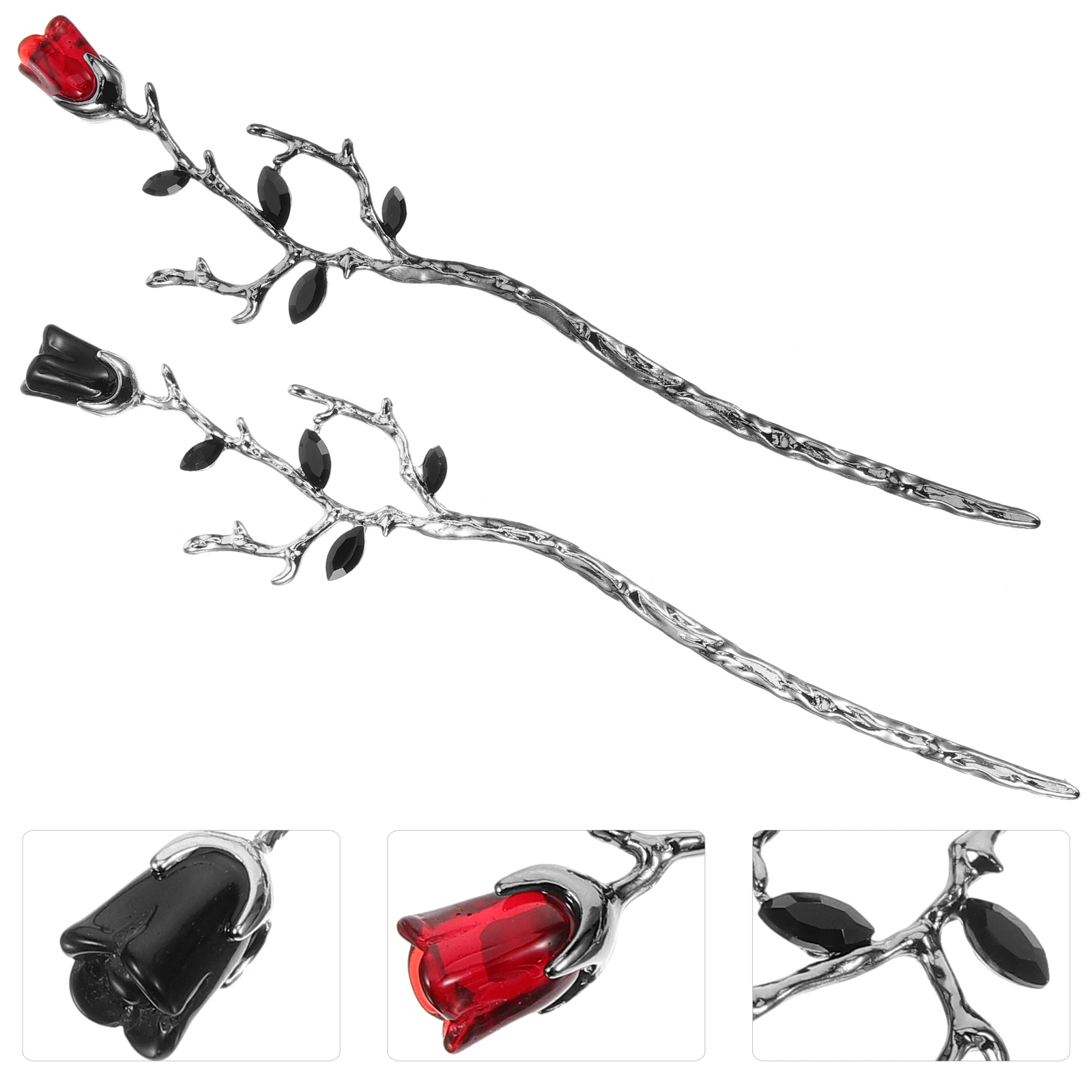 

2 Pcs Rose Bun Holder Stick Silver Women Black Hair Bun Hair Flower Hairpin Sticks Sticks Durable Smooth Edges